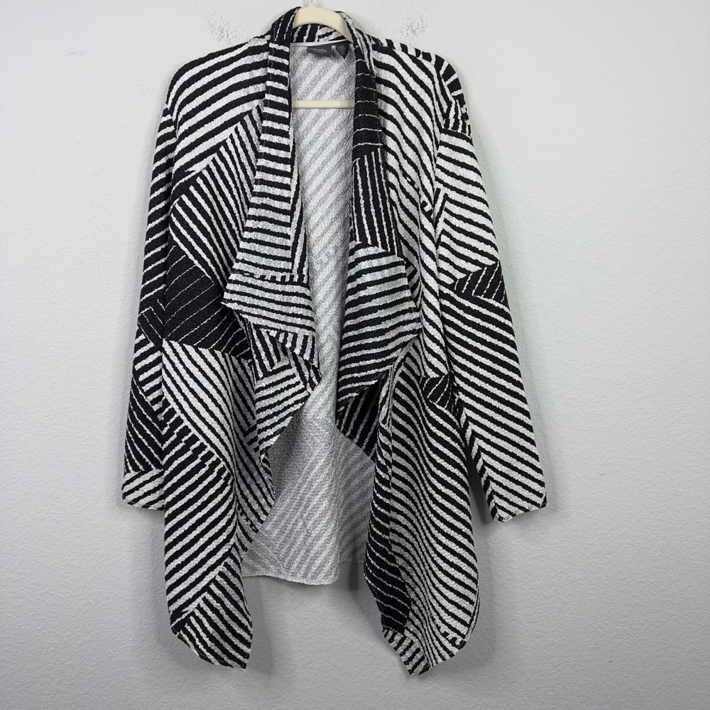 Chicos Travelers Cardigan Womens 2/L Black White‎ Geometric Patchwork Lagenlook